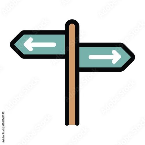 Two turquoise direction signs pointing opposite ways are mounted on a brown post against white