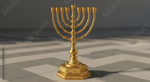 Golden menorah with seven branches on a patterned surface indoors