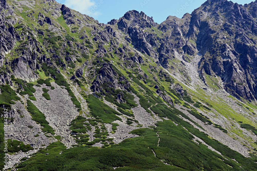 Obraz premium Tatra Mountains in Poland, Tatra National Park. The area around the Black Pond (polish:Czarny Staw Gasiennicowy). A close-up of the mountains trekking trails and moutains geology.