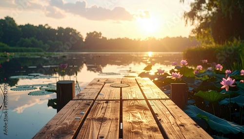 A serene lake scene at sunset, featuring a wooden dock, pink lotus flowers, and reflections on the water.