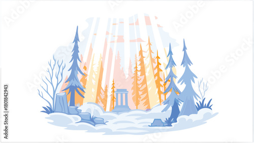 Enchanting moss covered forest ruins bathed in ethereal golden light rays creating a mystical and ancient atmosphere perfect for fantasy or historical themes