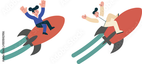 Productivity Character Riding Rocket But Falling Off Comic Flat Vector Illustration