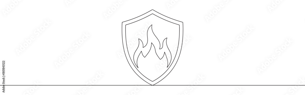 Fototapeta premium Continuous one line drawing of a firewall shield icon with flames. Concept of network security