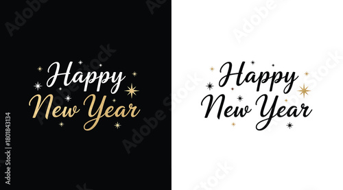 Happy new year text design with elegant calligraphy and sparkling stars, presented in both black and versions for versatile celebratory use