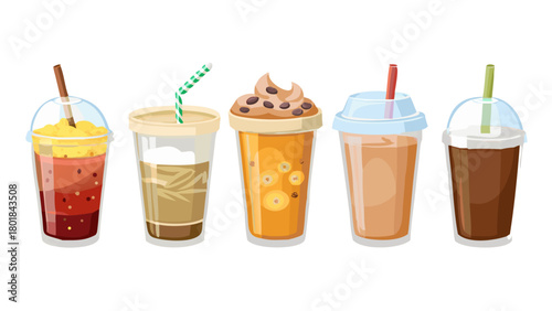 Various cold drinks and desserts set. Collections of coffee, bubble tea, matcha latte, ice cream and other types of beverages in plastic cup, paper mug, glass. Vector illustration.