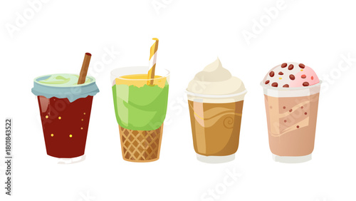 Various cold drinks and desserts set. Collections of coffee, bubble tea, matcha latte, ice cream and other types of beverages in plastic cup, paper mug, glass. Vector illustration.