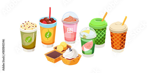 Various cold drinks and desserts set. Collections of coffee, bubble tea, matcha latte, ice cream and other types of beverages in plastic cup, paper mug, glass. Vector illustration.