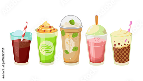 Various cold drinks and desserts set. Collections of coffee, bubble tea, matcha latte, ice cream and other types of beverages in plastic cup, paper mug, glass. Vector illustration.