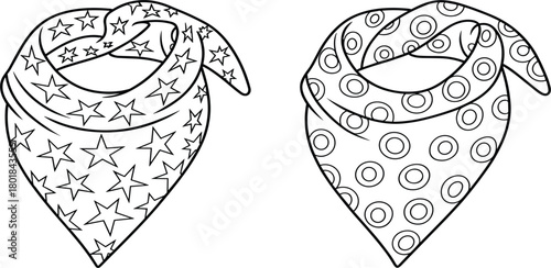 Vector Bandana Scarf Outline Set, Cowboy Style, Star and Circle Pattern, Line Art Headwear Technical Sketch