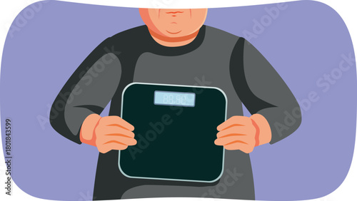 Obese Man Holding a Scale for Weighing Vector Illustration. Unrecognizable patient suffers from obesity holding a measuring scale 