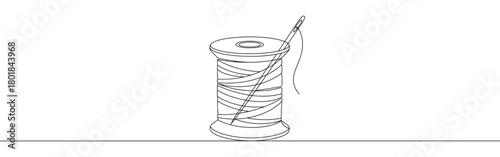 Continuous one line drawing of a spool of thread with a needle. Concept of sewing, tailoring, and crafting