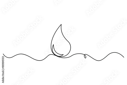 Minimal continuous line drawing of a single water droplet, clean eco rain icon for purity and freshness concept
