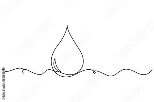 Minimal continuous line drawing of a single water droplet, clean eco rain icon for purity and freshness concept
