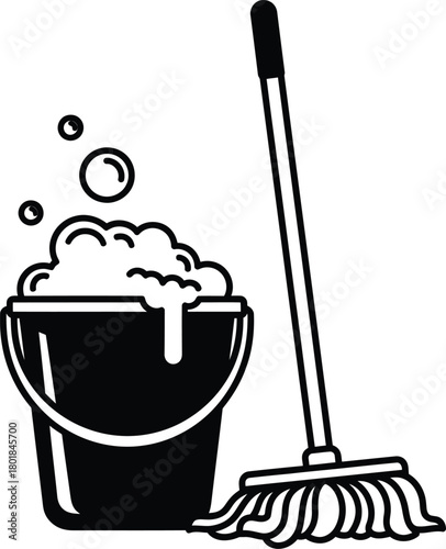 Cleaning supplies vector illustration bucket mop soap bubbles clipart eps silhouette