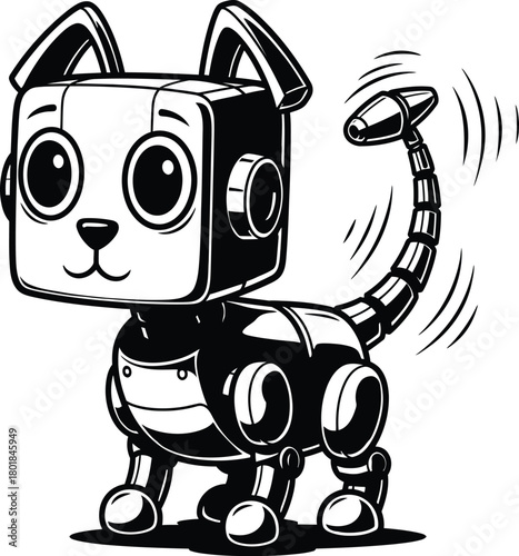 Monochrome vector illustration of an adorable, happy cybernetic pet dog robot with square head and mechanical tail wagging, standing upright.