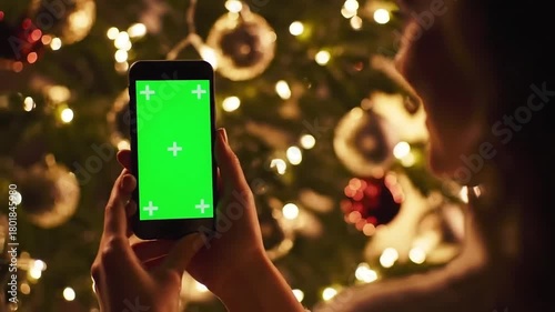 Woman holding phone with green screen in front of christmas tree lights