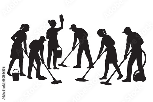 Diverse group of cleaning professionals working together in silhouette isolated on white background