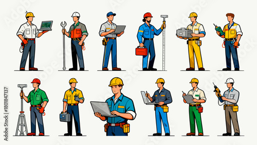 A collection of professional figures such as engineers, maintenance technicians and repairmen, with cartoon hand-drawn vector illustrations