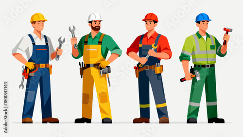 A collection of professional figures such as engineers, maintenance technicians and repairmen, with cartoon hand-drawn vector illustrations