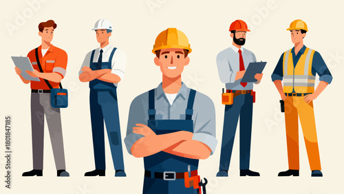 A collection of professional figures such as engineers, maintenance technicians and repairmen, with cartoon hand-drawn vector illustrations
