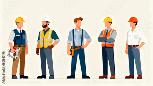 A collection of professional figures such as engineers, maintenance technicians and repairmen, with cartoon hand-drawn vector illustrations