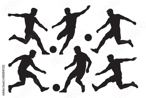 Dynamic silhouette of six soccer players in action kicking a ball isolated on white background