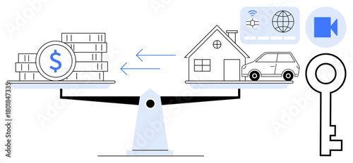 Money and assets balanced on a scale with house, car, and digital icons. Ideal for finance, investment, mortgage, economy, savings property management wealth optimization. Simple flat metaphor