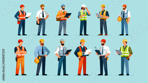 A collection of professional figures such as engineers, maintenance technicians and repairmen, with cartoon hand-drawn vector illustrations