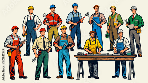A collection of professional figures such as engineers, maintenance technicians and repairmen, with cartoon hand-drawn vector illustrations