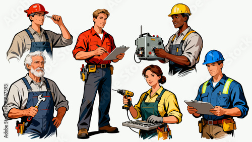 A collection of professional figures such as engineers, maintenance technicians and repairmen, with cartoon hand-drawn vector illustrations