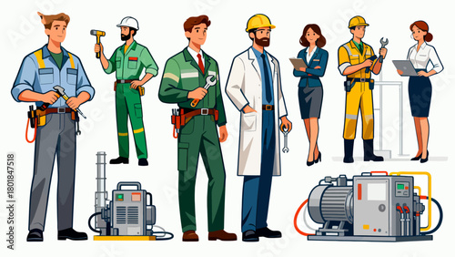 A collection of professional figures such as engineers, maintenance technicians and repairmen, with cartoon hand-drawn vector illustrations