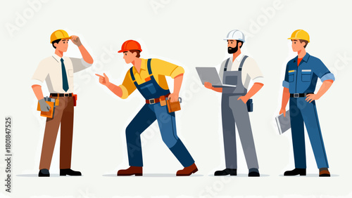A collection of professional figures such as engineers, maintenance technicians and repairmen, with cartoon hand-drawn vector illustrations