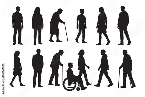 Collection of diverse human figure silhouettes representing different ages and activities isolated on white background silhouette