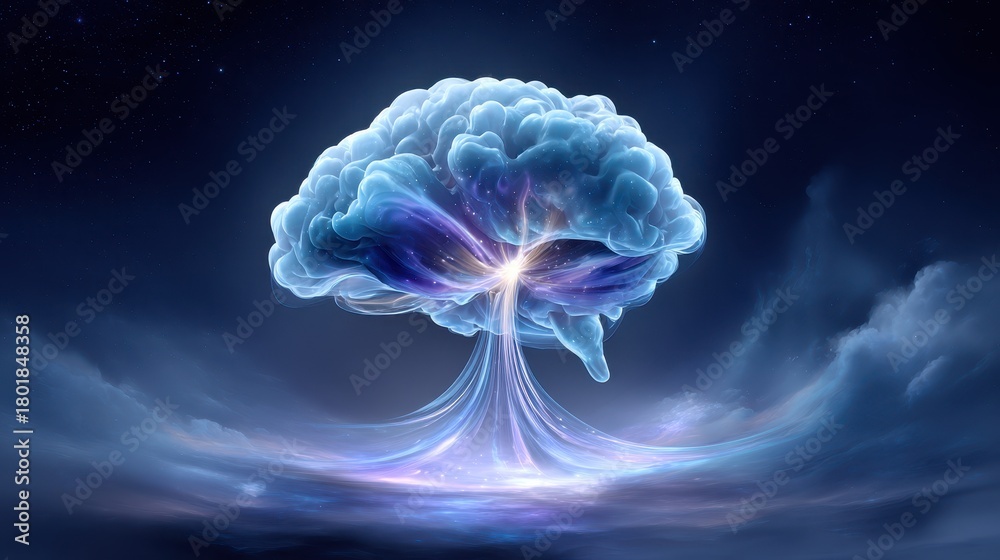 Fototapeta premium A surreal representation of a brain, radiating vibrant colors and cosmic elements, symbolizing creativity and thought.