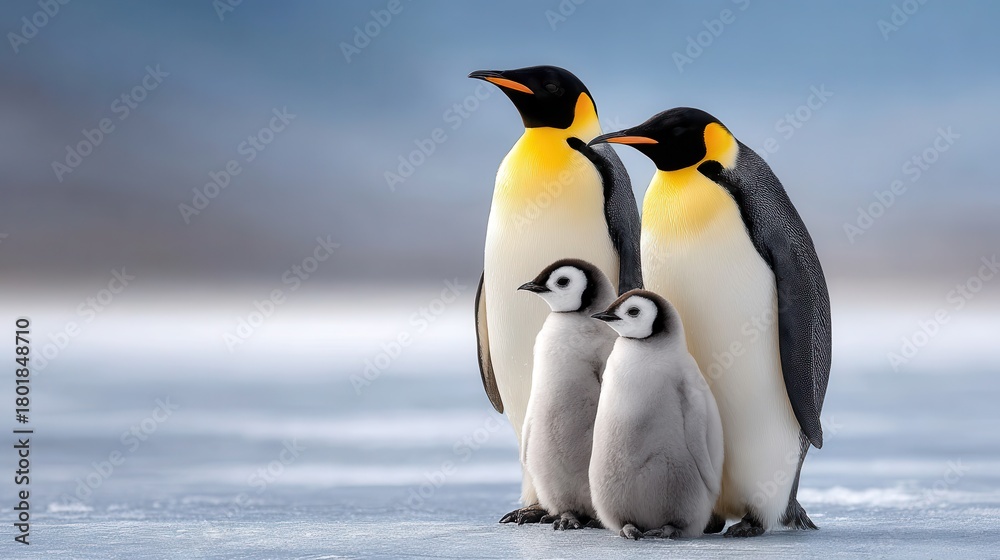 Fototapeta premium A family of emperor penguins stands together on ice, showcasing their distinctive black and white feathers and vibrant yellow markings.