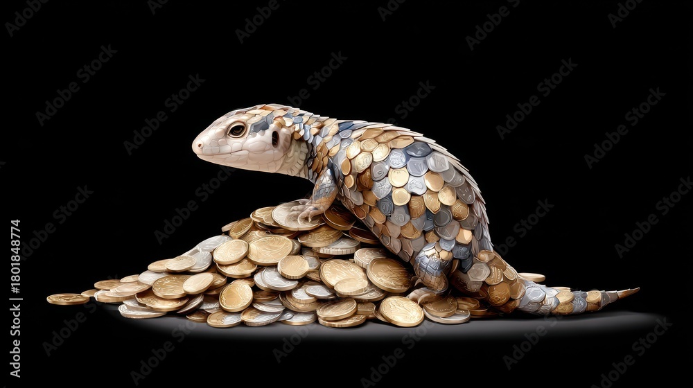 Fototapeta premium A colorful lizard sits atop a large pile of coins, combining themes of wealth and nature in a striking contrast against a black background.