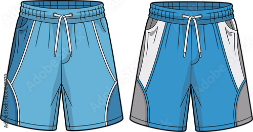 Vector Technical Drawing of Men's Athletic Shorts, Running Wear, Drawstring Waist, and Color Block Sportswear Template