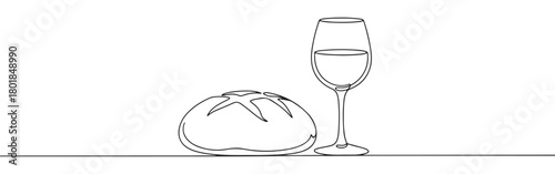 Continuous one line drawing of a loaf of bread and a glass of wine. Concept of communion or celebration