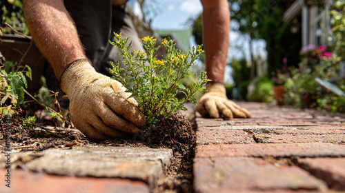 Fototapeta Naklejka Na Ścianę i Meble -  Gardener plants a new plant between the brick path on a sunny day. Hands with gloves hold small plant with yellow flowers. Gardening scene.