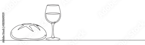 Continuous one line drawing of a loaf of bread and a glass of wine. Concept of communion or celebration