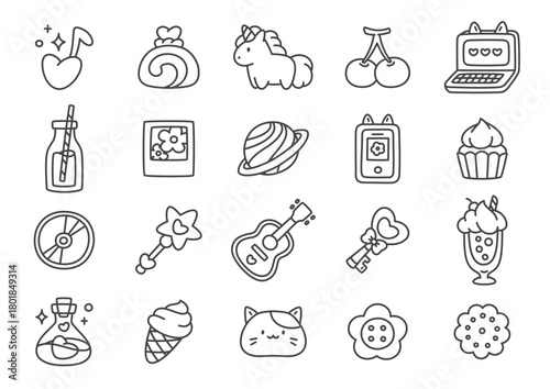 Girly icon collection. A set of cute monochrome illustrations featuring adorable objects such as a unicorn, cupcakes, keys, planets, and magic items. Kawaii stickers. Vector 10 EPS.