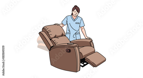 Caring nurse adjusting comfortable recliner chair, ideal for patient comfort and senior care facilities offering rest and relaxation