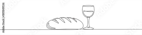 Continuous one line drawing of a loaf of bread and a glass of wine. Concept of communion or celebration