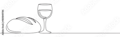 Continuous one line drawing of a loaf of bread and a glass of wine. Concept of communion or celebration