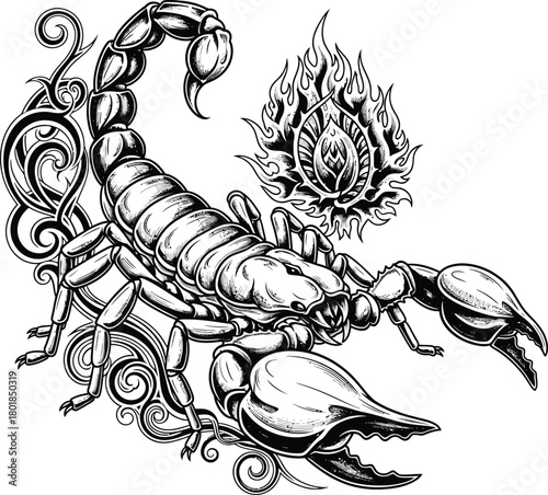Detailed scorpion illustration with flames and tribal art design vector eps silhouette