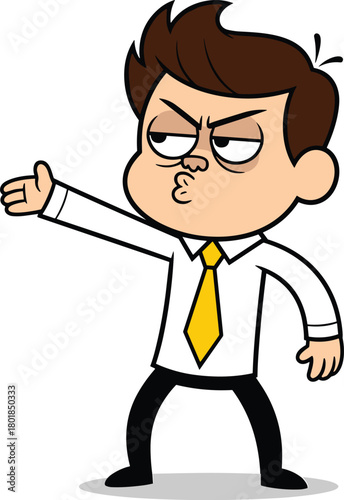 Angry cartoon businessman illustration, annoyed office worker, grumpy man in shirt and tie, making stop gesture, refusing, isolated vector.
