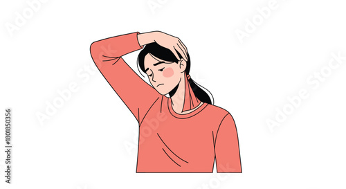 Find relief with this illustration of a woman stretching her neck to release tension and improve flexibility, great for health and wellness content