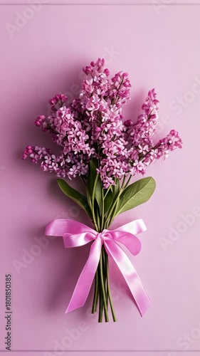 Pink lilac bouquet growth: timelapse of blossoming florals with elegant ribbon on pastel background