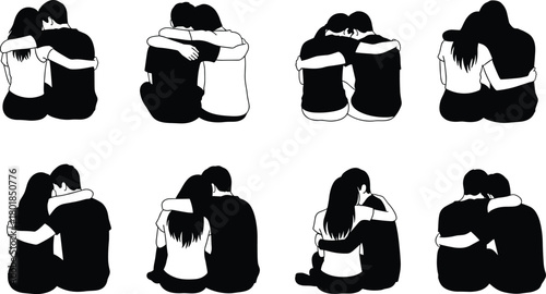 Couple sitting together, emotional support, comforting embrace, silhouette pose, relationship bonding, empathy, love, cad drawing flat vector illustration