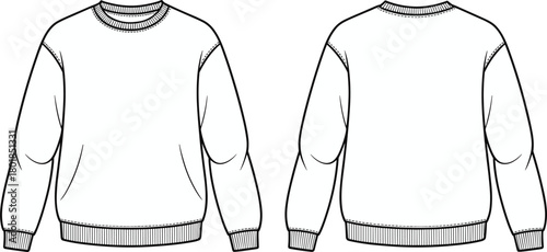 Vector Technical Drawing of Crewneck Sweatshirt, Front and Back View, Fleece Pullover, and Casual Jumper Sketch